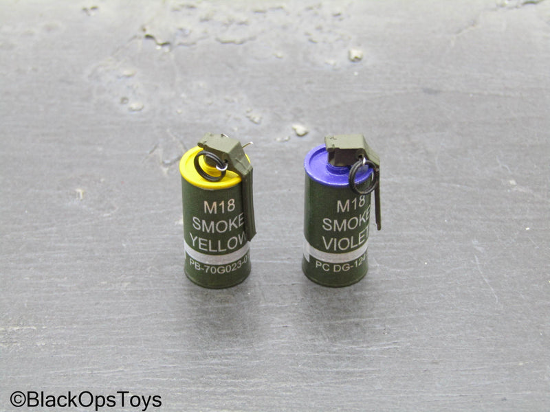 Load image into Gallery viewer, Vietnam US Army LRRP - Metal Yellow &amp; Violet M18 Smoke Grenades
