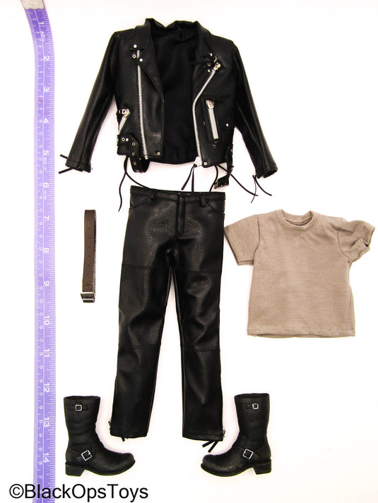 Black Leather Like Biker's Uniform Set