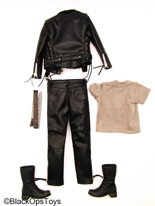 Black Leather Like Biker's Uniform Set