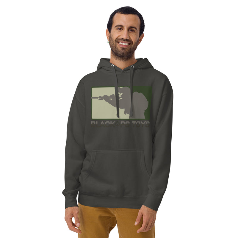 Load image into Gallery viewer, Unisex cotton Hoodie with BlackOpsToys woodland tiger stripe logo
