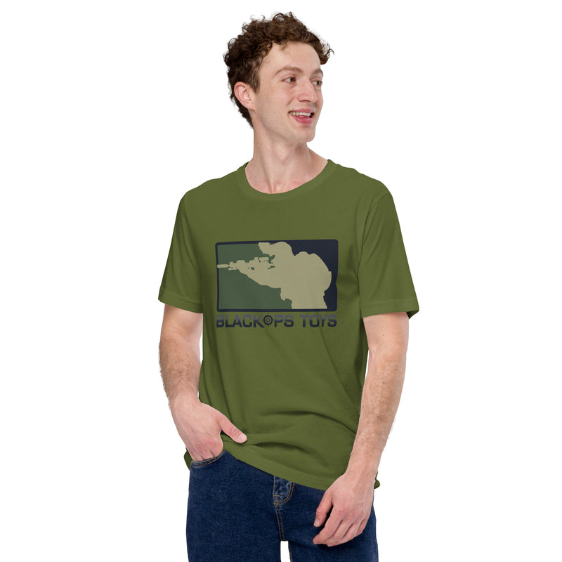 Load image into Gallery viewer, Unisex cotton t-shirt with BlackOpsToys army camouflage logo
