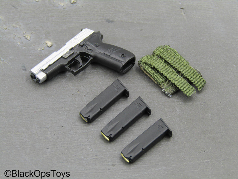 Load image into Gallery viewer, Private Military Contractor - Black &amp; Silver Like Spring Loaded P320 Pistol
