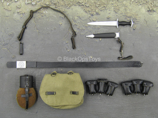 WWII - German Honor Guard - Black Belt w/Pouch Set & Metal Dagger